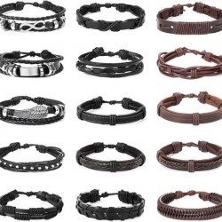 15pcs Braided Leather Bracelet For Men Women Cuff Wrap Bracelet Ethnic Tribal Bracelets Adjustable And Brown